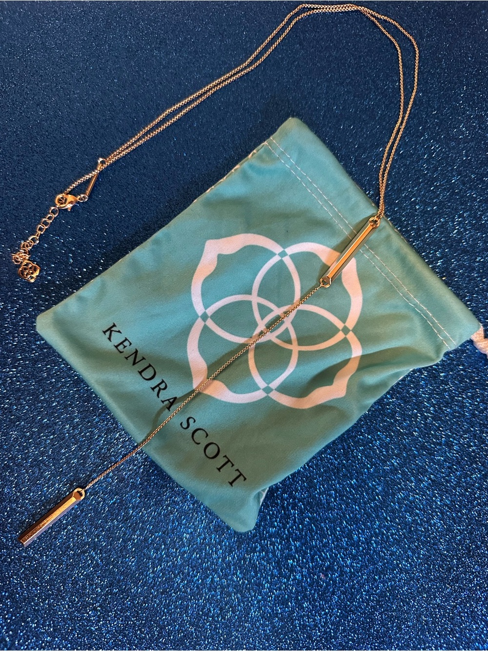 Kendra Scott Gold Bar Lariat Necklace with Teal Pouch